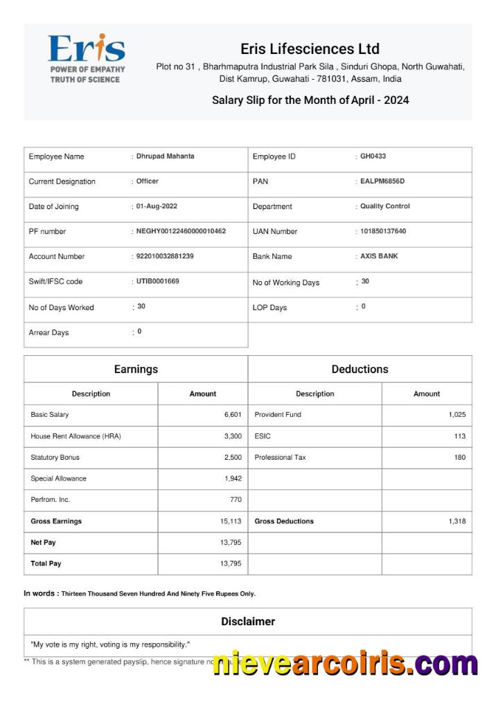 Eris Lifesciences salary slip